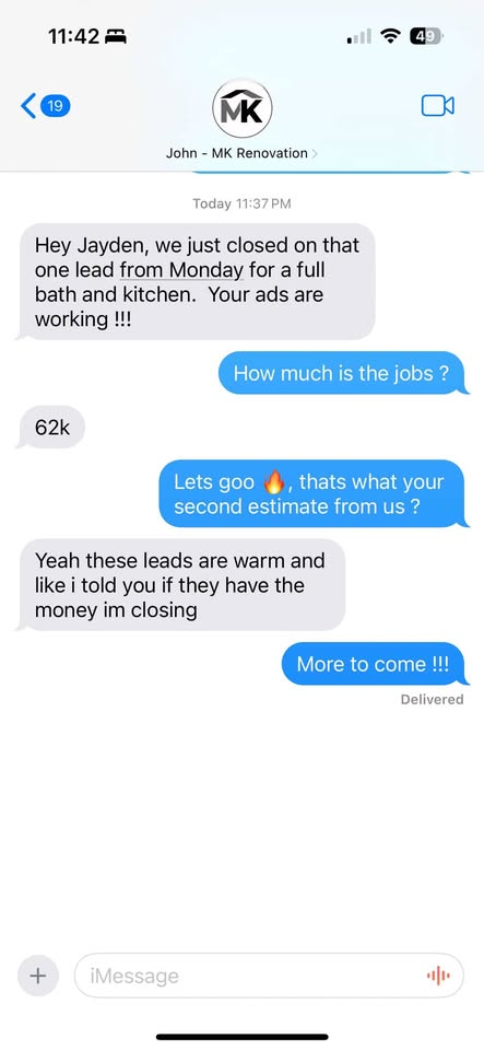 Client text — MK Renovation closed $62k job